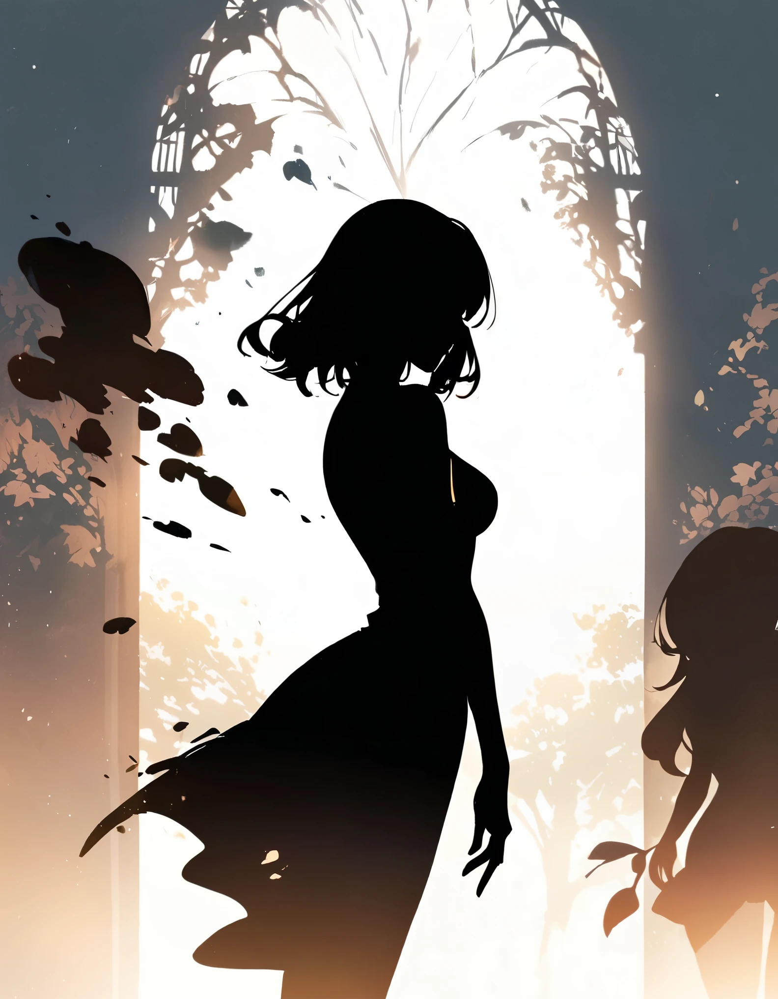 Woman silhouette, Sexy woman&#39;s back view, Long Hair, Backlight, Urban Background:1.2, Anime Style:1.2, Dark silhouette, Cowboy Shot, Dramatic lighting, Cinematic composition, Bright colors, Chiaroscuro, (Highest quality:1.2, 4K, 8K, Very detailed, High detail, masterpiece:1.2, Highest quality, Best aesthetics),