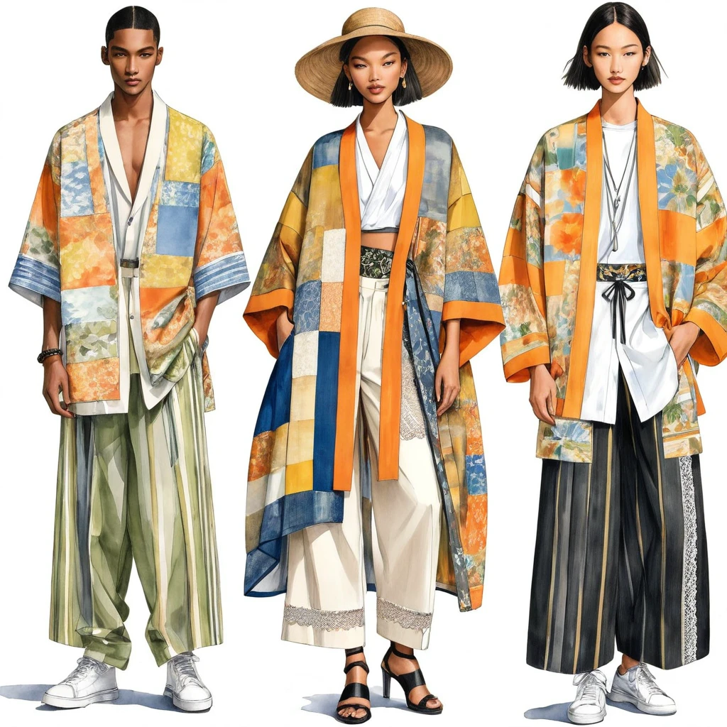 candid fashion illustration a group of young 2man and 1girl, aged 18-23 year old, tall and slender, Mixed race super model, ((showcase in fashionable Lenin outfits inspired by designer Dris Van Noten spring-summer collection 2024)), in elegant and modern style of ((patchwork or collage of E-co print mixed with trible fabric or ethnic woven fabric details)), nutral earth tone color. The 1st man wears an oversized shirt with embroidery and lace details, paired with slim-fit Pants. The second man complements him in a shirt decorate with lace detail, oversized Yukata Jacket, ethnic woven details, paired with big striped Drawstring pants. a woman wears a collage fabrics long dress with lace decoration details. (all completes the look with white sneakers, an accessorizes with a wide-brimmed straw hat, sunglass. Captured in a ((full-body image)), relax and simple pose, ((water-color paint on white paper background)), realistic pencil lines, imperfect drawing, charcoal lines detail, fading sketch, fashion Sketching, low angle view, (full body image), hybrid of Dris Van Noten and Yohji Yamamoto.
