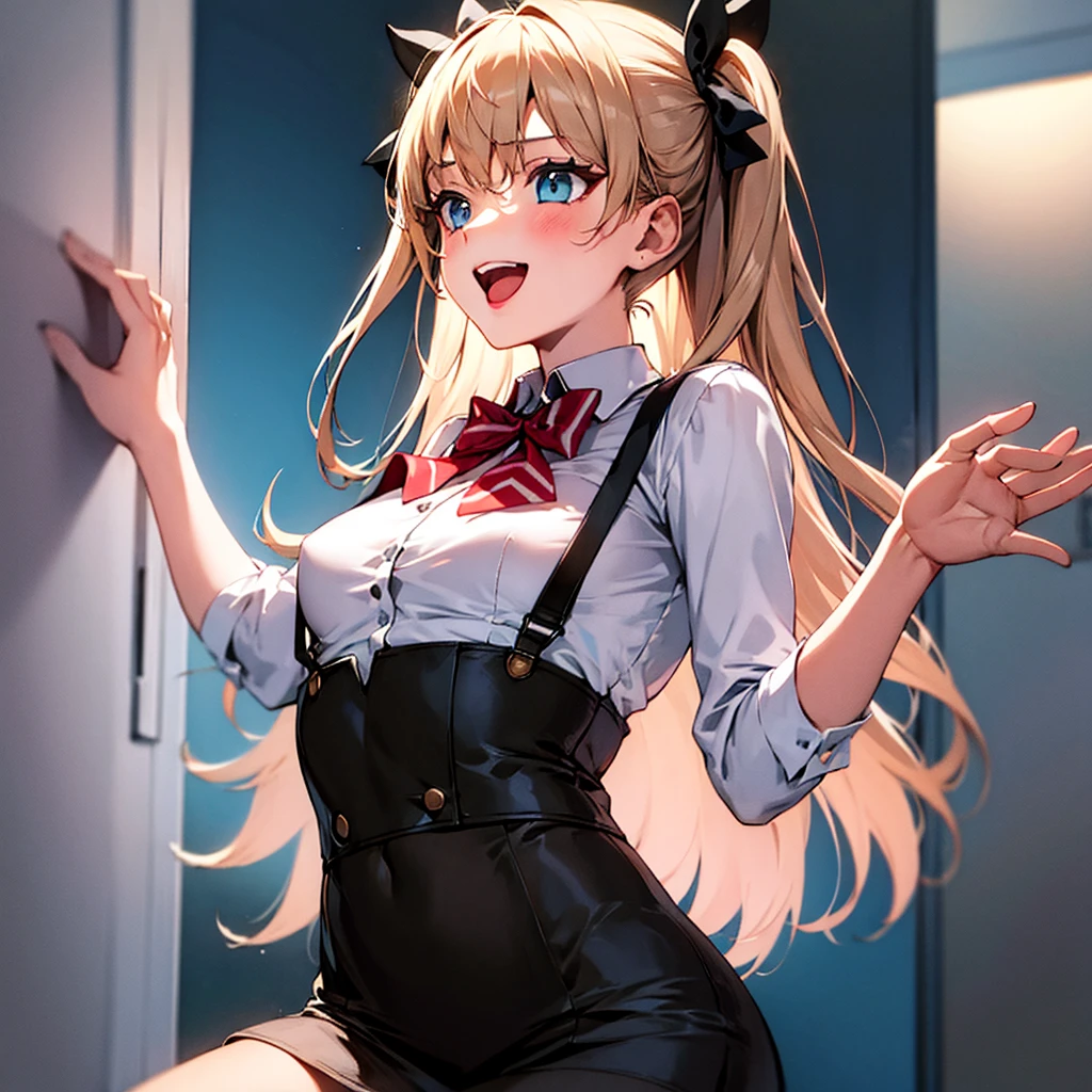 1 Girl, Solitary, Small Breasts, Suspender Skirt, White shirt, Red bow tie, Happy