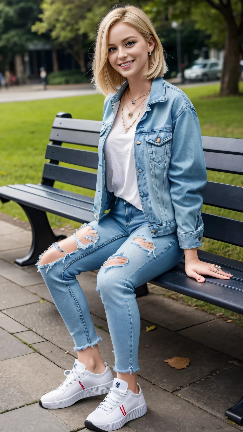 Super Resolution、Beautiful white woman、Full body photo、sitting on a park bench、Blonde Hair、blue eyes、short hair、、、ear piercing、necklace、Denim jacket、shirt、Skinny jeans、sneakers、Wearing black socks、smile、Beautiful teeth alignment