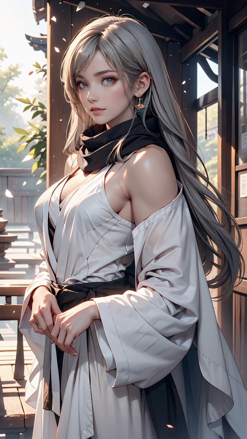 Close-up of a woman with grey hair and a black scarf, Portraits by Jan J, pixiv Contest Winner, Fantasy art, White-haired God, Beautiful character drawings, artwork in the style of Gwaiz, The sharp gaze of the Yuki-onna, Gwaiz, White long hair, of long white hair, Flowing hair and long robes