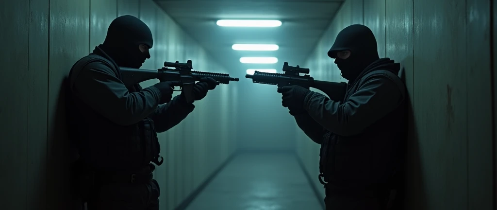 2 henchmen with their weapons pointed towards the middle of the dark room with a space in the middle