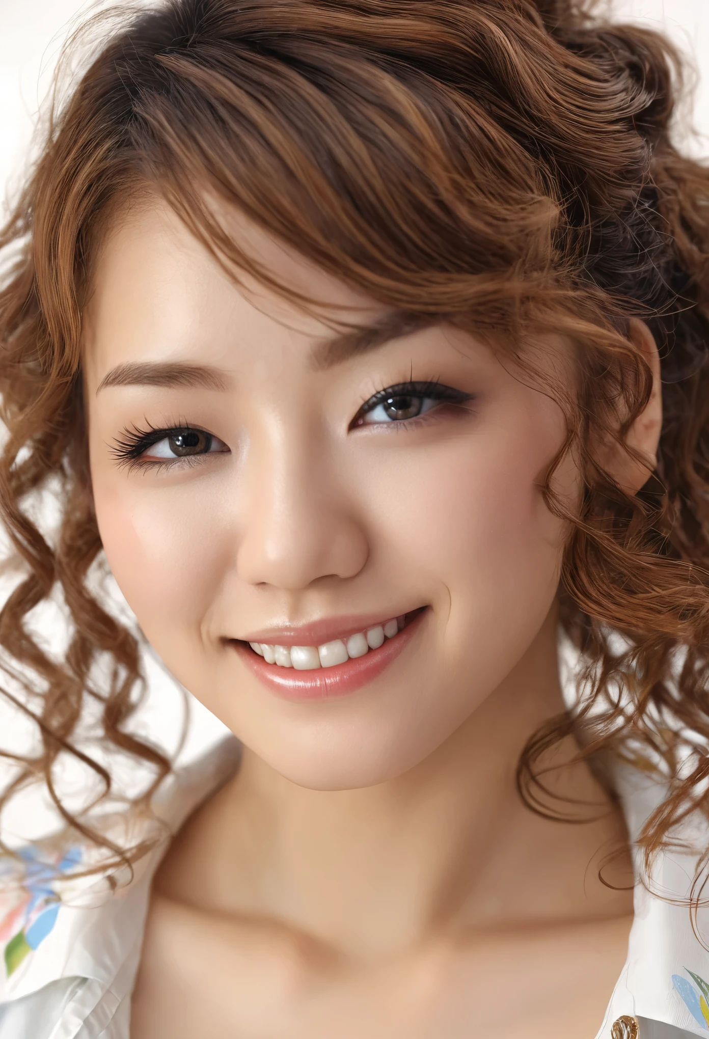 1girl, yoko kaede, beautiful detailed eyes, beautiful detailed lips, extremely detailed face, longeyelashes, curly brown hair, smiling, portrait, realistic, photorealistic, photo-realistic:1.37, best quality,4k,8k,highres,masterpiece:1.2,ultra-detailed,vivid colors,studio lighting,physically-based rendering,sharp focus,professional