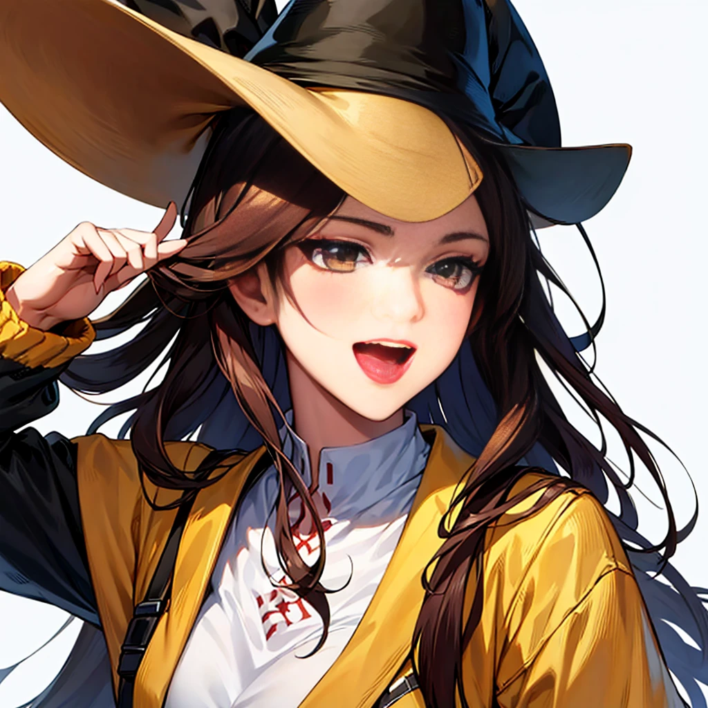 1 Girl, Dragon Rider (captain), Solitary, Brown hair, Double tail, Brown eyes, Sun hat, correct, open mouth, airplane, Smile, airplane, White background, Japanese clothes, Simple background, His posts, Upper Body, Long hair