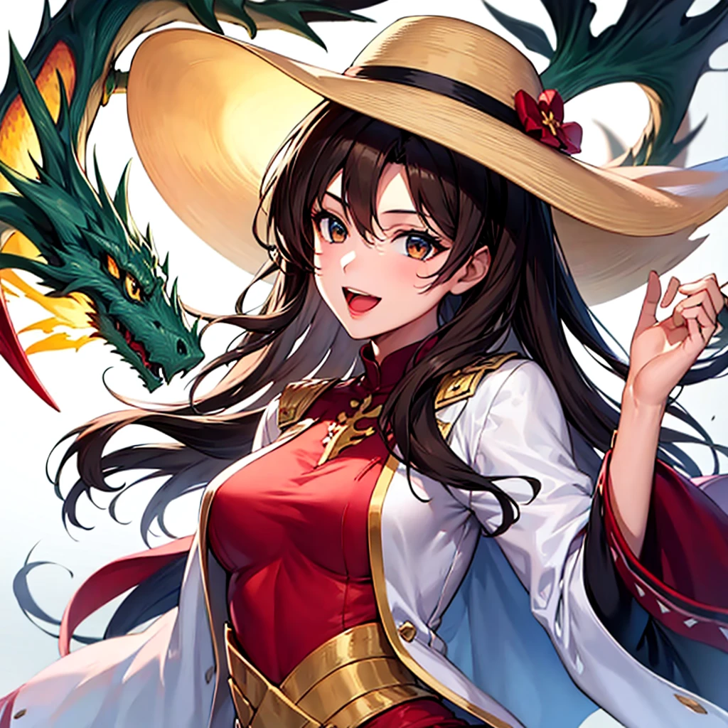 1 Girl, Dragon Rider (captain), Solitary, Brown hair, Double tail, Brown eyes, Sun hat, correct, open mouth, airplane, Smile, airplane, White background, Japanese clothes, Simple background, His posts, Upper Body, Long hair