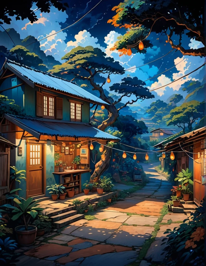 aerial view, ghibli art scene, an orange indian tropical old hut, village, bulb hanging outside, late night scene, reddish blue glow cloudy sky, small garden in the front, wires and poles, notice board on front wall, light shadow, aesthetically beautiful, cracked old road, remote location, big tree branch, nature, shed, cozy atmosphere, micro landscape, intrinsic details, masterpiece