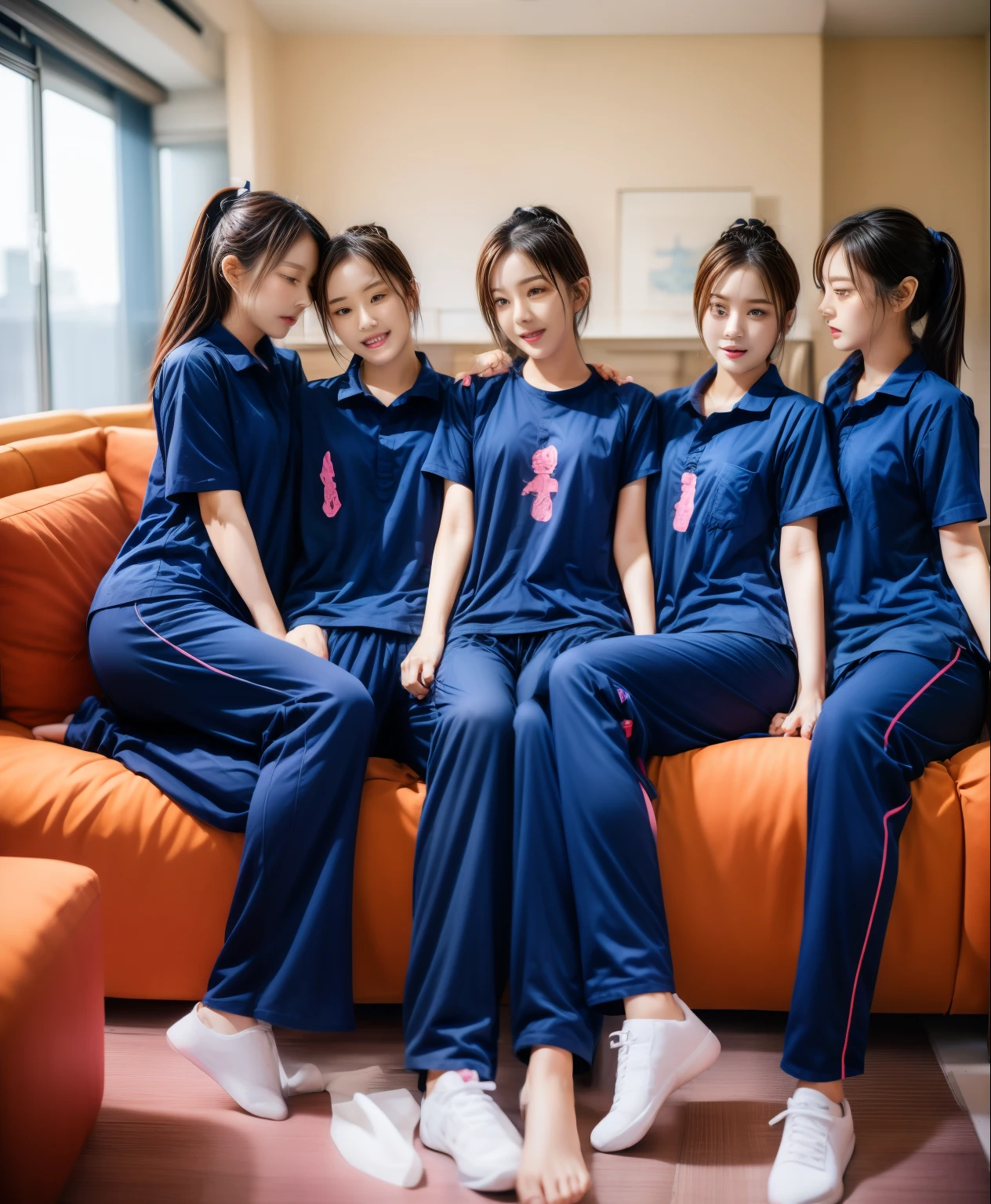 3 girls lie about on sofa living room, Navy blue short-sleeved shirt,Navy Long Trackpant,Sweatpants, Sweatpantsขายาว,25 year old girl, lesbian, sexy, exercise clothes, wet body, exercise clothes