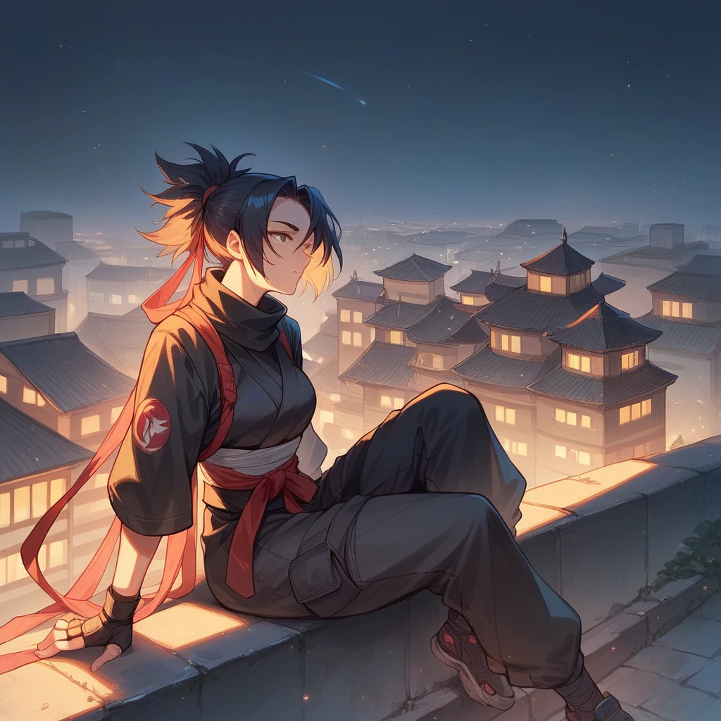 ninja woman, with loose black clothes, a band or ribbon on his head and two katanas on his back. It is perched on the roof of a building, and in the background are the lights of the city at night.