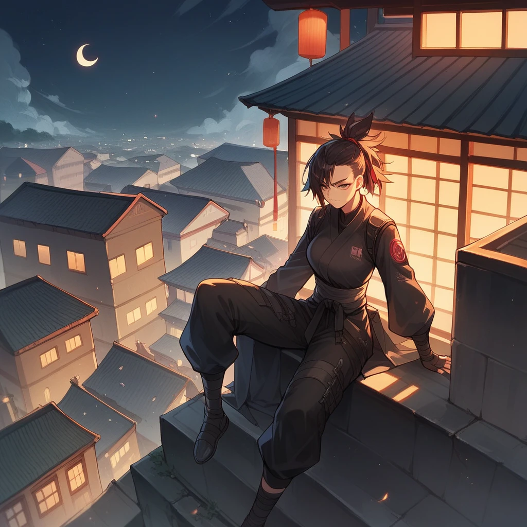 ninja woman, with loose black clothes, a band or ribbon on his head and two katanas on his back. It is perched on the roof of a building, and in the background are the lights of the city at night.