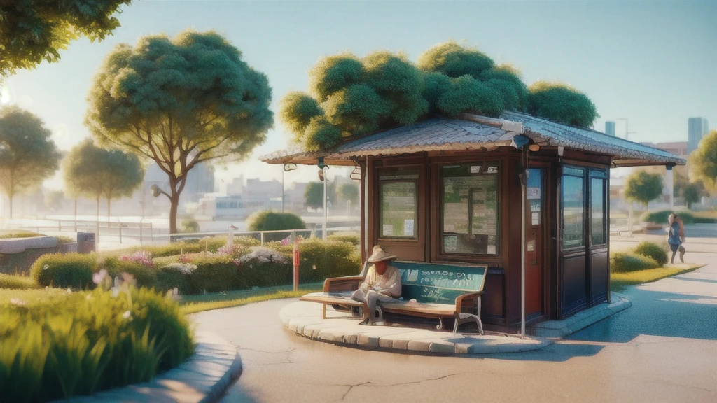 a detailed 3d bus stop in a city street, people waiting at the station, trees and greenery, sidewalk, cityscape in the background, photorealistic, 8k, intricate details, dramatic lighting, pristine condition，Mid-Long View