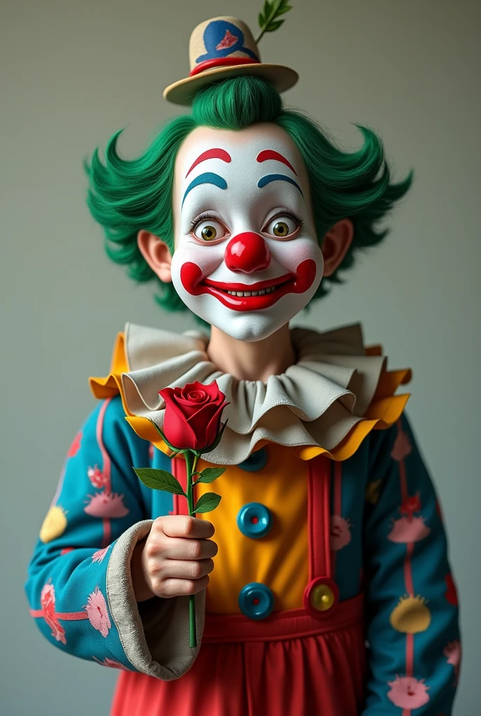 Confused and funny clown, with a rose in hand
Let him adult use the same image
A little older, 30years