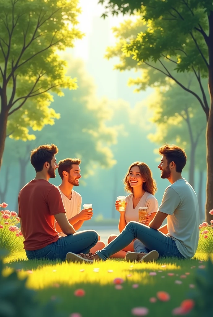 The scene shows a group of 2 or 3 people, probably friends, gathered in a beautiful urban park. They all seem to be enjoying a lively and relaxed chat., with expressions of joy and smiles on their faces.

The individuals, who appear to be young or middle-aged, They are sitting or standing in an open area of the park, surrounded by trees and lush vegetation. The atmosphere is bright and welcoming., with a feeling of warmth and freshness.

Friends are dressed casually and informally, which contributes to the casual and carefree atmosphere of the scene. Some might be holding drinks or snacks., as if they were enjoying an informal and pleasant meeting.

The posture and gestures of the characters convey a sense of comfort and trust between them.. They are leaning forward, with eye contact, and some of the people might be gesturing while they talk, which suggests a fluid and lively conversation.

The surrounding park is characterized by winding paths, wooden benches and abundant vegetation, like leafy trees and well-kept bushes. This natural and relaxed setting helps to create a peaceful and calm atmosphere., conducive to meeting and socializing.

The lighting of the scene is warm and soft, probably because of the time of day, which accentuates the feeling of comfort and well-being that emanates from the image.