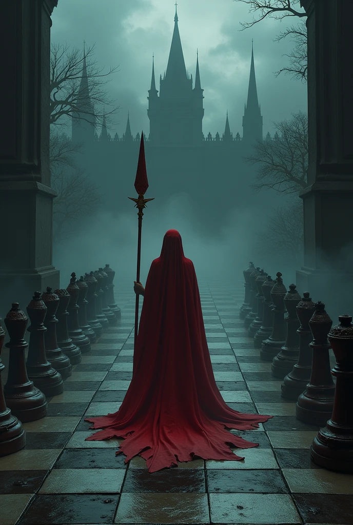 The queen walks along the path in the center toward the dark castle at the end of the chessboard. The chessboard is the main focus, with its detailed tiles leading the eye toward the ominous castle in the distance. The background is dark and foreboding, with shadows looming large, creating a mysterious and intense atmosphere. The queen, a female fire mage dressed in a red robe, holds a large and long red staff, but she is secondary to the dramatic, dark setting that surrounds her