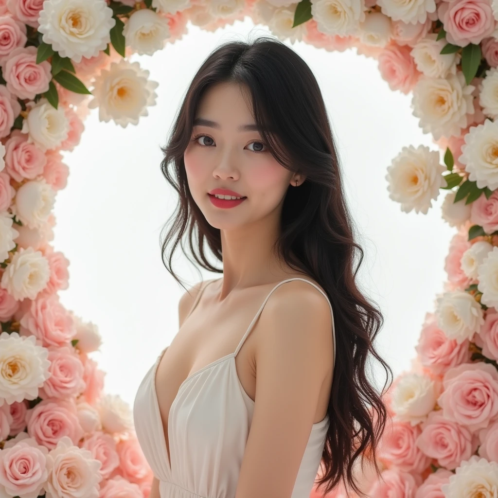 　Key visual shoot for a beauty salon featuring a Japanese woman with long black hair and red lips standing in the center of a space covered with a white sphere, white flowers, and pink flowers.