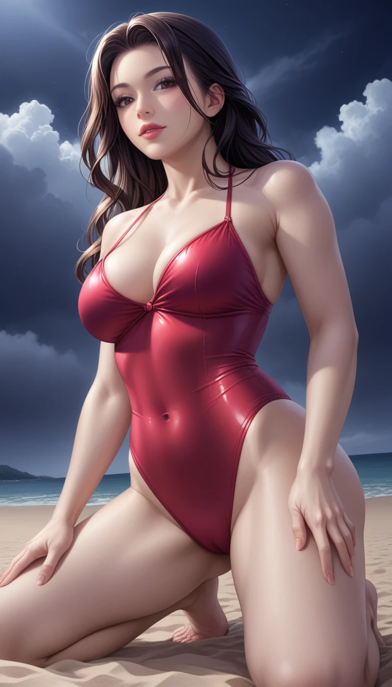 score_9, score_8_superior, score_7_superior, High-resolution CG illustration,A masterpiece in 32K resolution,Highest quality,it is really amazing,Very detailed,Ultra-high resolution,Ultra-realistic,Realistic,Increased depth of field,Cinematic lighting,
Sexy mature Japan woman,
Straight long hair with black hair,Ultra-detailed and beautiful face,Calm and gentle look,Beautiful brown eyes,Translucent white skin,Realistic skin texture,Great proportions,
Elegant red swimsuit,
Simple design,Chic color scheme based on red,Detailed fabric texture,
(Dark overcast sky on a dull night:1.1),(Dark clouds filling the sky:1.1),Thundercloud,Coastline at night,Stormy seas,delay々A desolate sandy beach that continues,
(Kneeling on the sand:1.2),Low - Angle,