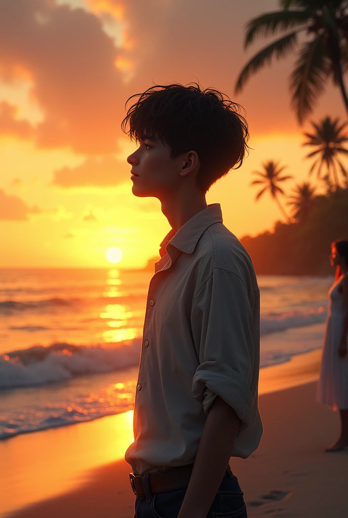A thin guy with dark hair
with a beach background at sunset and in the distance a girl watching the young man