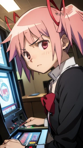 Madoka Kaname playing pachinko.、Annoyed face