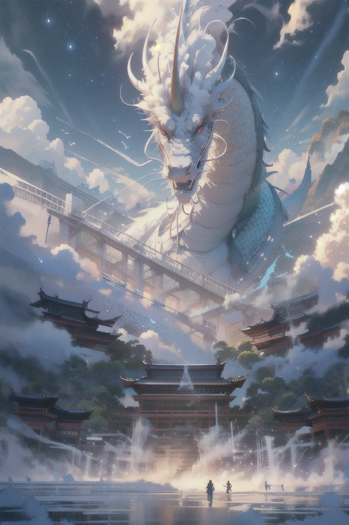 BJ_Sac Youth_bEast,red_eye,Outdoor,Horn,null,cloud,no_human,bird,cloudy_null,scenery,stage,Fantasy,Dragon,architecture,East_Asian_architecture,Eastern_Dragon,Cinema Lighting,Strong contrast,High level of detail,Highest quality,masterpiece,