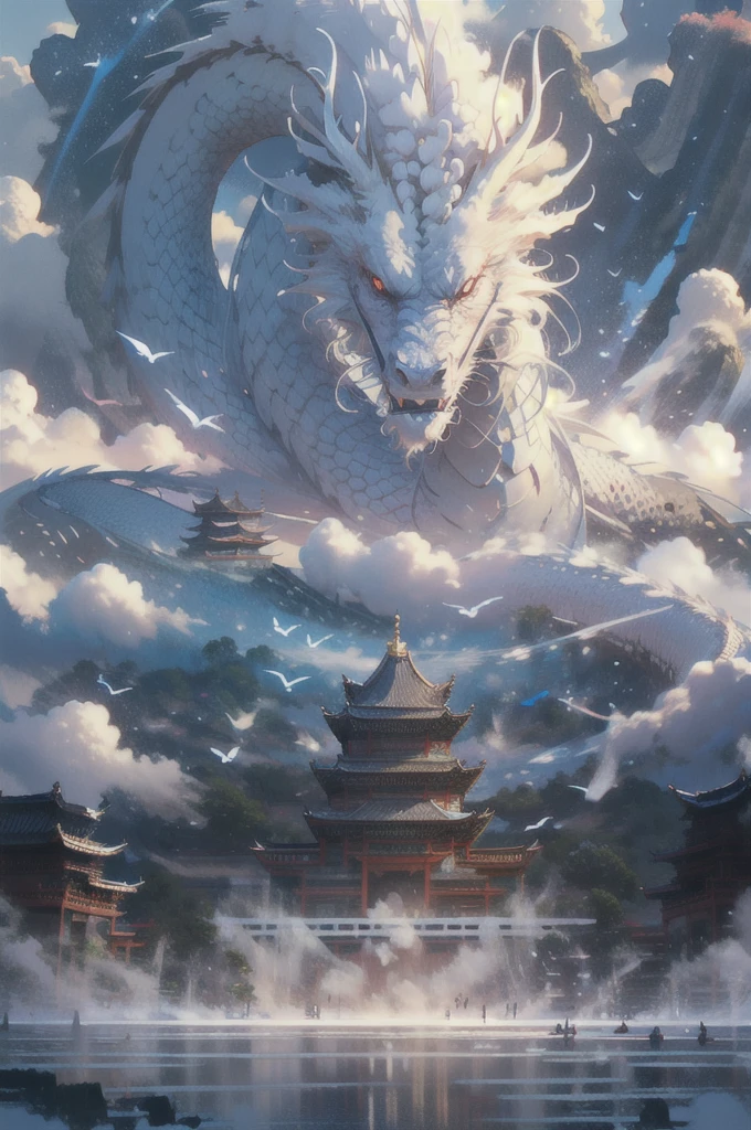 BJ_Sac Youth_bEast,red_eye,Outdoor,Horn,null,cloud,no_human,bird,cloudy_null,scenery,stage,Fantasy,Dragon,architecture,East_Asian_architecture,Eastern_Dragon,Cinema Lighting,Strong contrast,High level of detail,Highest quality,masterpiece,