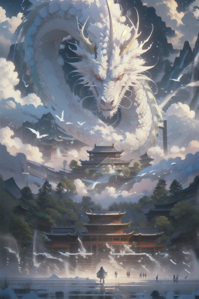 BJ_Sac Youth_bEast,red_eye,Outdoor,Horn,null,cloud,no_human,bird,cloudy_null,scenery,stage,Fantasy,Dragon,architecture,East_Asian_architecture,Eastern_Dragon,Cinema Lighting,Strong contrast,High level of detail,Highest quality,masterpiece,