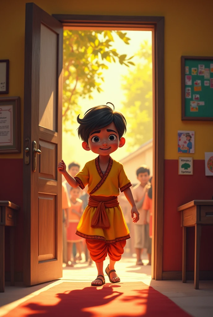 A new school opening in a small Indian village with Ramoo excitedly entering the classroom, wearing traditional attire."