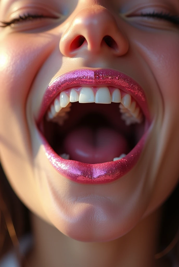 Extreme closeup of a female teen’s mouth, wearing pink glitter lipstick, eyes closed, mouth very wide open and smiling, photorealistic, extreme skin detail, 8k, wallpaper