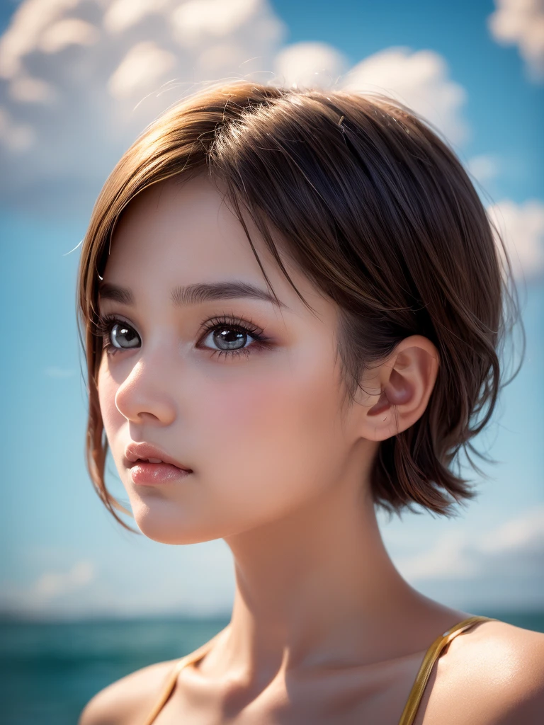 One Girl，(1人のとてもcute:1.3)，masterpiece，Highest quality，High resolution，From below，Low - Angle，Photorealistic，RAW Photos，Ray Tracing，Physically Based Rendering，beautiful girl，(:1.3)，cute，Big eyes，(detailed pupils:1.2)，(The face is facing straight ahead:1.3)，Body facing forward，Beautiful nose，High nose，Upturned nose，Fuller lips，Short black hair，ponytail，short hair，Detailed eyelashes，Thin eyebrows，Very fine grain definition，(Symmetrical eyes，Golden Ratio:1.3)，(Face close-up，Face Focus:1.0)，Small breasts，Short neck，White swimsuit，White Bikini，Ocean，Southern Island，Blue sky，White cloud，Portrait，View Viewer，Upper Body，Cinema Lighting，High resolution，Very detailed