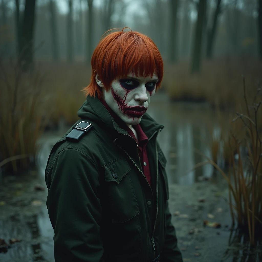 Red-haired man with short straight hair in a swamp wearing a scary outfit