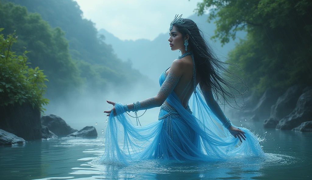 Varuna Yakshini,
    A water Yakshini rising from a crystal-clear river, her body shimmering with droplets of water. She wears a sari of shimmering blue and silver, her hair flowing like the river's current. The river is surrounded by dense, green foliage, with mist hovering above the water. The sky is cloudy with hints of rain, adding to the ethereal, aquatic feel of the scene.