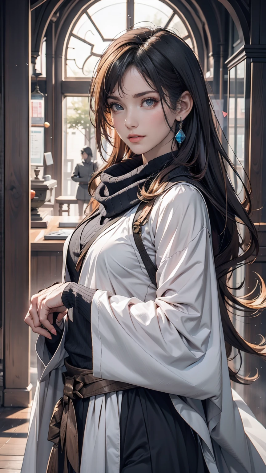 Close-up of a woman with grey hair and a black scarf, Portraits by Jan J, pixiv Contest Winner, Fantasy art, White-haired God, Beautiful character drawings, artwork in the style of Gwaiz, The sharp gaze of the Yuki-onna, Gwaiz, White long hair, of long white hair, Flowing hair and long robes