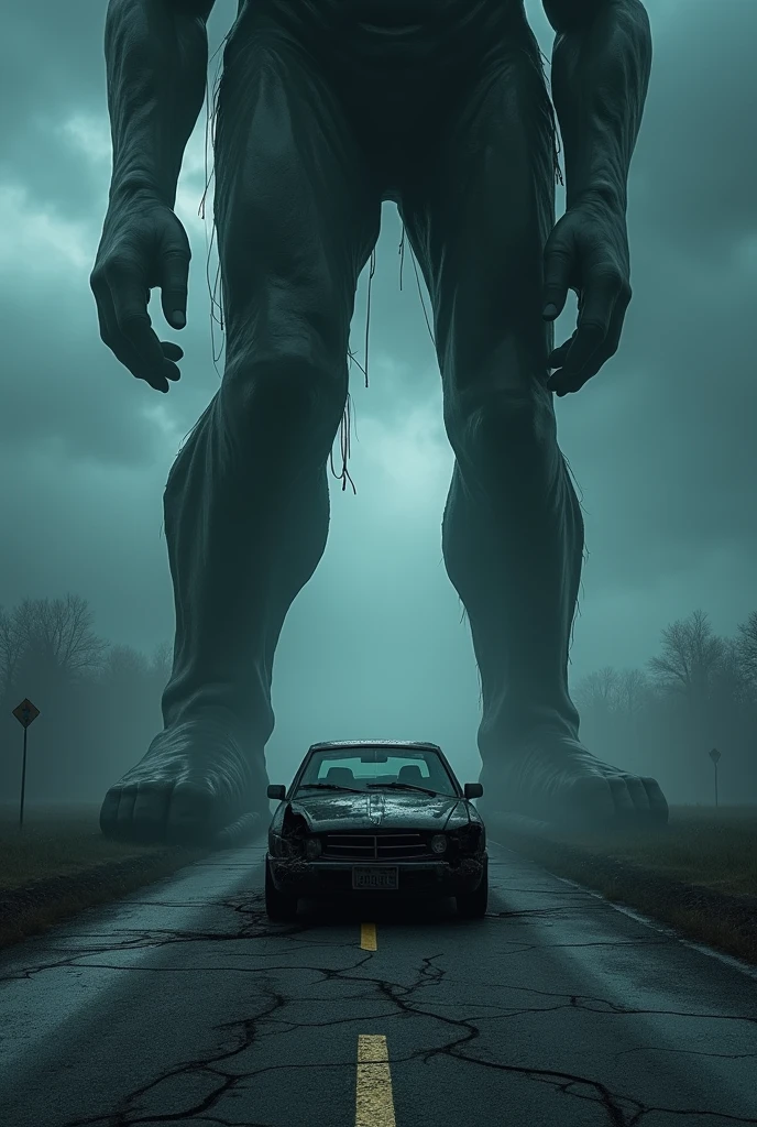 +a giant pair of legs stepping on a cracked road at night, horror scene, clay toys, (best quality,4k,8k,highres,masterpiece:1.2),crash the car. ultra-detailed,(realistic,photorealistic,photo-realistic:1.37),HDR,UHD,studio lighting,ultra-fine painting,sharp focus,physically-based rendering,extreme detail description,professional,vivid colors,bokeh,horror,dark,gritty,ominous atmosphere,moody lighting,dramatic shadows,claymation,creepy,unsettling,disturbing,macabre,intense,terrifying,chiaroscuro,cinematic,suspenseful,nightmarish