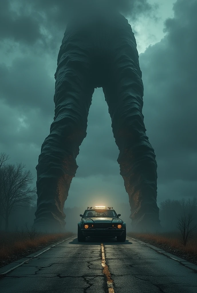 +a giant pair of legs stepping on a cracked road at night, horror scene, clay toys, (best quality,4k,8k,highres,masterpiece:1.2),crash the car. ultra-detailed,(realistic,photorealistic,photo-realistic:1.37),HDR,UHD,studio lighting,ultra-fine painting,sharp focus,physically-based rendering,extreme detail description,professional,vivid colors,bokeh,horror,dark,gritty,ominous atmosphere,moody lighting,dramatic shadows,claymation,creepy,unsettling,disturbing,macabre,intense,terrifying,chiaroscuro,cinematic,suspenseful,nightmarish