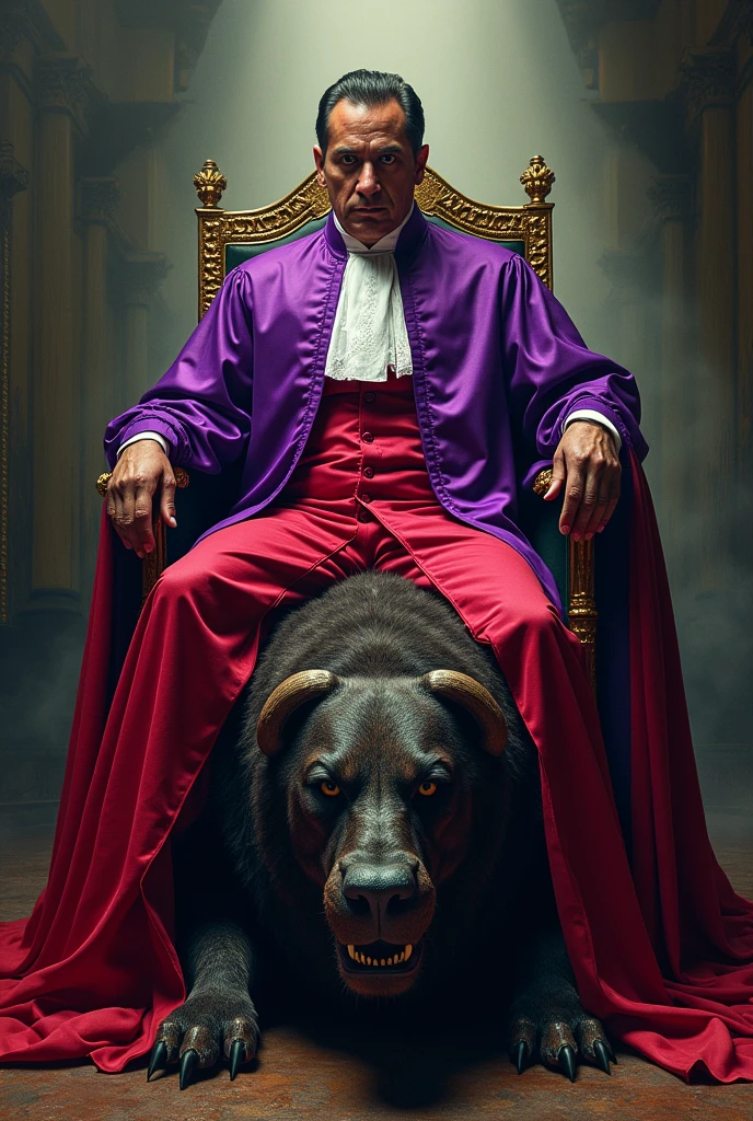 Minister Alexandre de Moraes dressed in a purple and scarlet judicial robe like a prostitute of the apocalypse, seated on the beast of the Brazilian Supreme Federal Court.