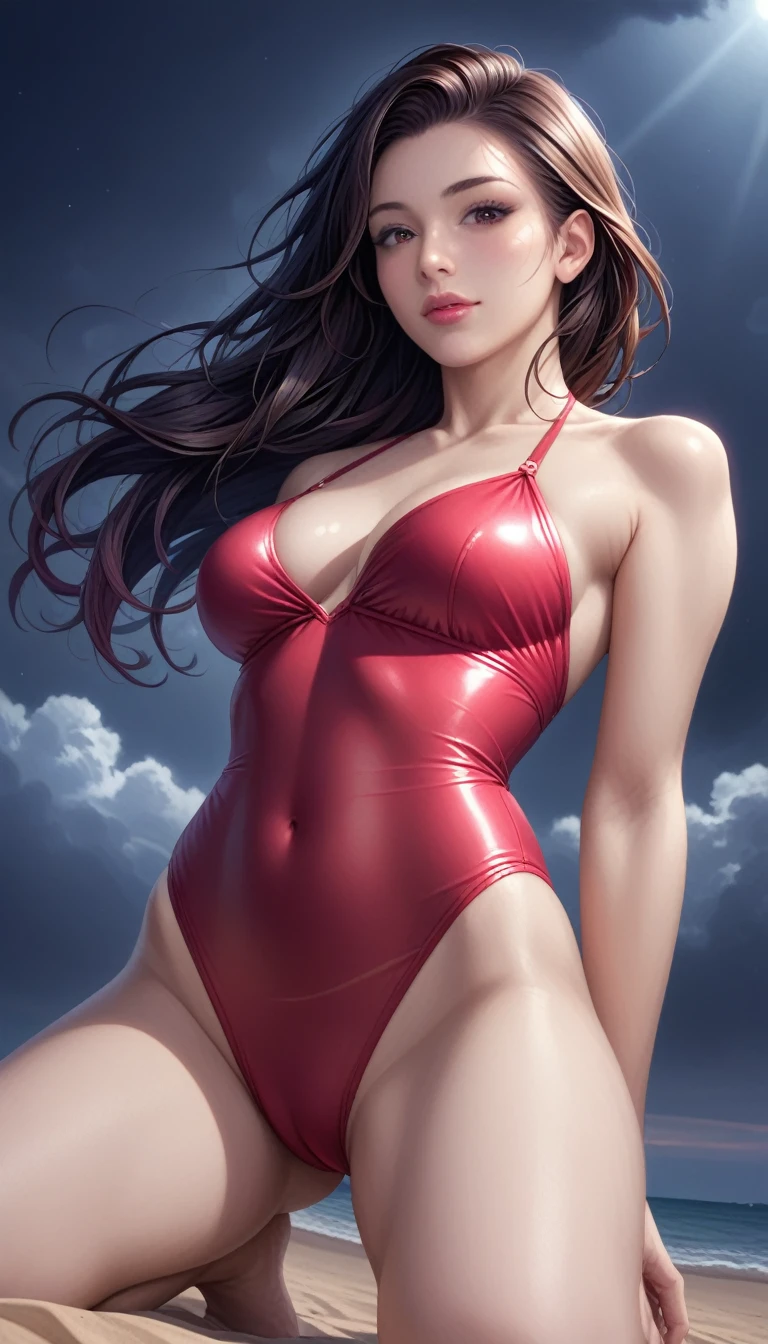 score_9, score_8_superior, score_7_superior, High-resolution CG illustration,A masterpiece in 32K resolution,Highest quality,it is really amazing,Very detailed,Ultra-high resolution,Ultra-realistic,Realistic,Increased depth of field,Cinematic lighting,
Sexy mature Japan woman,
Straight long hair with black hair,Ultra-detailed and beautiful face,Calm and gentle look,Beautiful brown eyes,Translucent white skin,Realistic skin texture,Great proportions,
Elegant red swimsuit,
Simple design,Chic color scheme based on red,Detailed fabric texture,
(Dark overcast sky on a dull night:1.1),(Dark clouds filling the sky:1.1),Thundercloud,Coastline at night,Stormy seas,delay々A desolate sandy beach that continues,
Kneeling on the sand,Low - Angle,