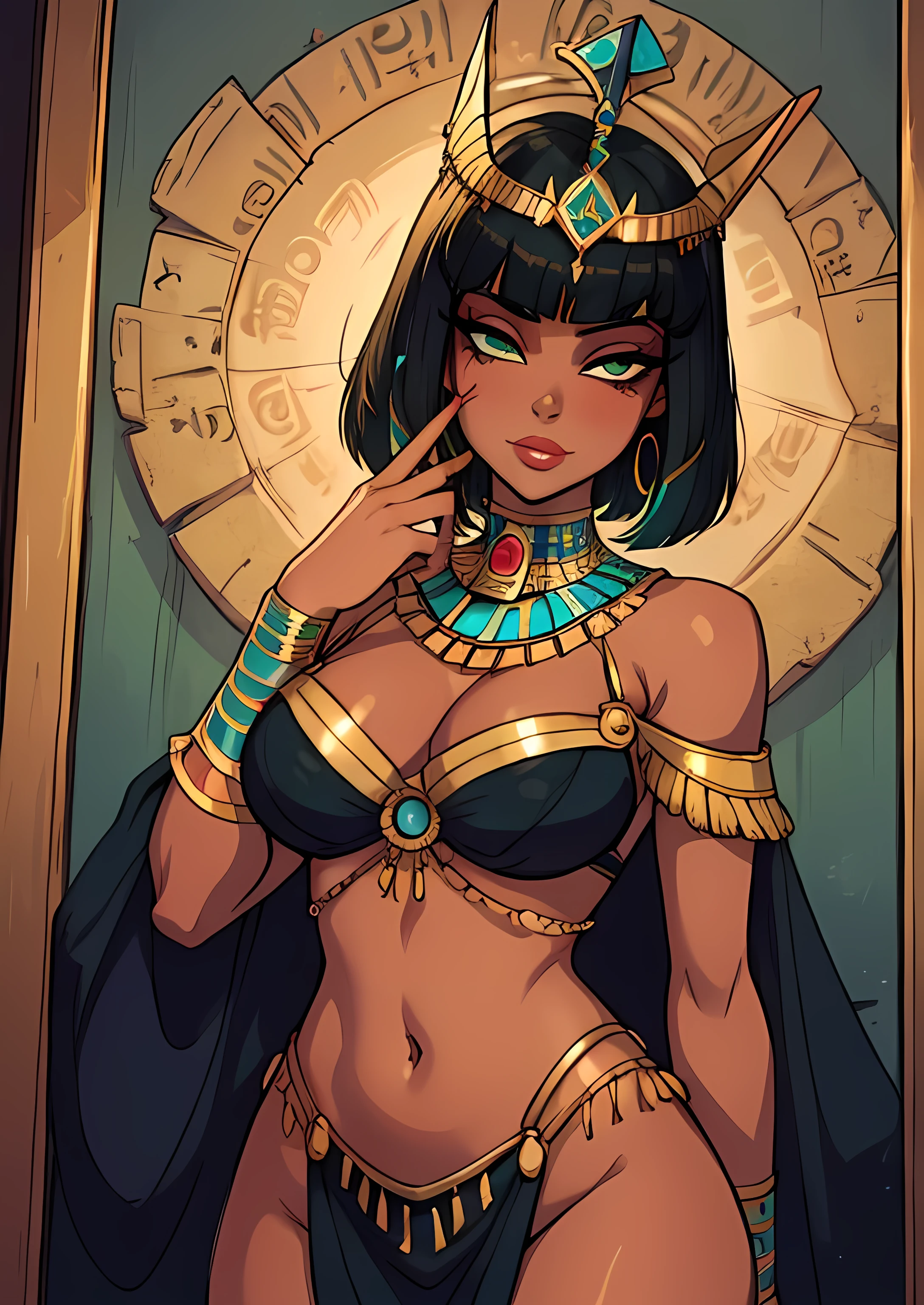 masterpiece, best quality, 1female, beautiful, face portrait, makeup, perfect fringe, straight hair, short hair, black hair, Egyptian queen, light dark skin, green eyes, colorful makeup, cleopatra, sexy