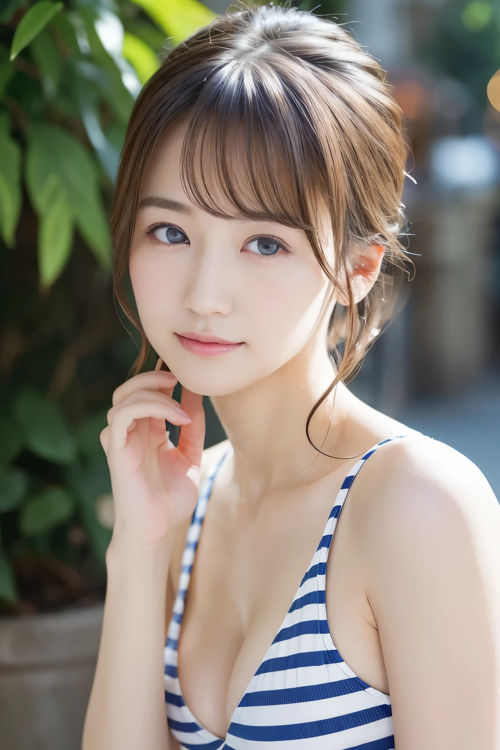 You are a professional photographer。masterpiece、8K、Highest quality, Soft Light, Ultra-high resolution, (Realistic:1.4), RAW Photos,Age 27 、1 Japan, alone, cute、(pupil, Light in your eyes), Natural black eyes、Beautiful face in every detail,(High resolution detail of human skin texture)、(Cleavage、Big Breasts)、TA-Q-BIN、Delivery Person 、Wear work clothes with red stripes、Outdoor、(Portraiture)、Peek into the post、in a stooped position