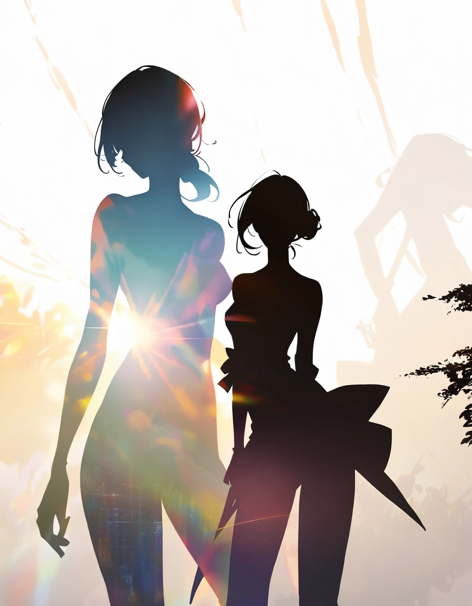 Woman silhouette, Sexy woman's back view, Long Hair, Backlight, Urban Background:1.2, Anime Style:1.2, Dark silhouette, Cowboy Shot, Dramatic lighting, Cinematic composition, Bright colors, Chiaroscuro, (Highest quality:1.2, 4K, 8K, Very detailed, High detail, masterpiece:1.2, Highest quality, Best aesthetics),