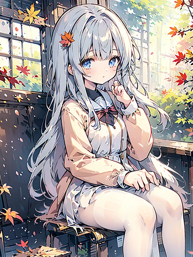 ((Highest quality)), ((masterpiece)), (detailed), One person, sexy、student、Brown blazer、Long hair of a pale blue color with blue eyes.、autumn leaves、Falling leaves fluttering、Autumn forest、dawn、Looking into the camera、Traveling alone