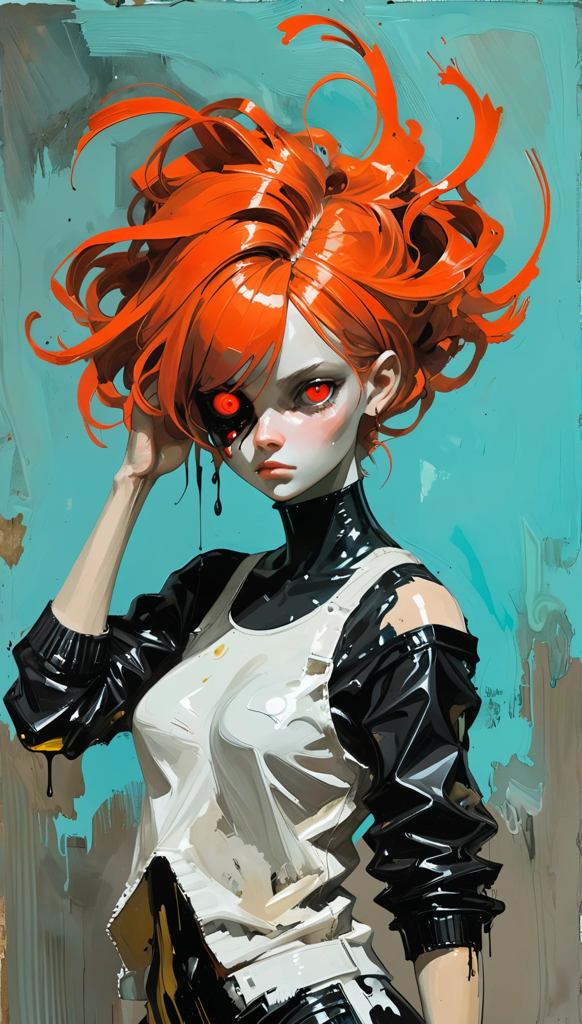 in style of ashley wood,in style of Adrian Ghenie -【painting】-,in style of Adrian Ghenie
(1girl,character conceptual design,half body),extremely detailed,gorgeous ornaments,an eye-catching hairstyle,arm up,dynamic posture, red fluorescent glowing eyes,(thick texture oil paint:1.5)