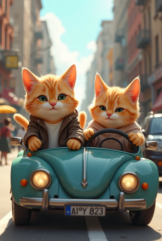 A pair of cute chubby cats are in a car, with the male cat behind the wheel, concentrating on driving, while the female cat sits beside him, looking relaxed and pampered. Both cats are dressed in casual, human-like clothing, giving the scene a charming and whimsical vibe as they enjoy their drive together. camera 
 position in front of car, location in city street.