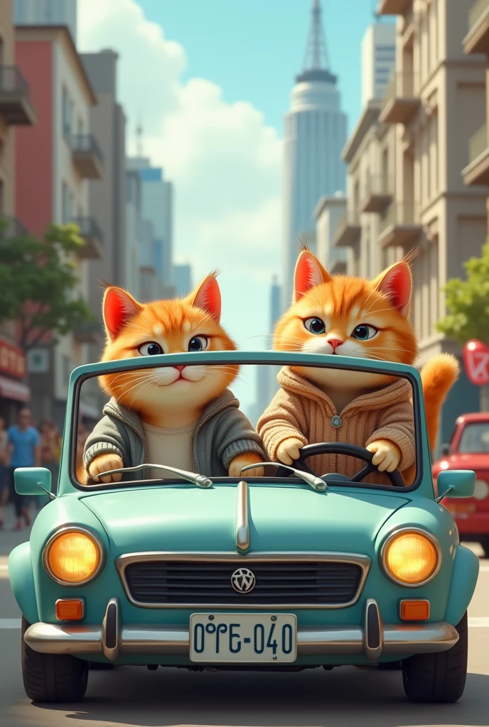 A pair of cute chubby cats are in a car, with the male cat behind the wheel, concentrating on driving, while the female cat sits beside him, looking relaxed and pampered. Both cats are dressed in casual, human-like clothing, giving the scene a charming and whimsical vibe as they enjoy their drive together. camera
position in front of car, location in city street.