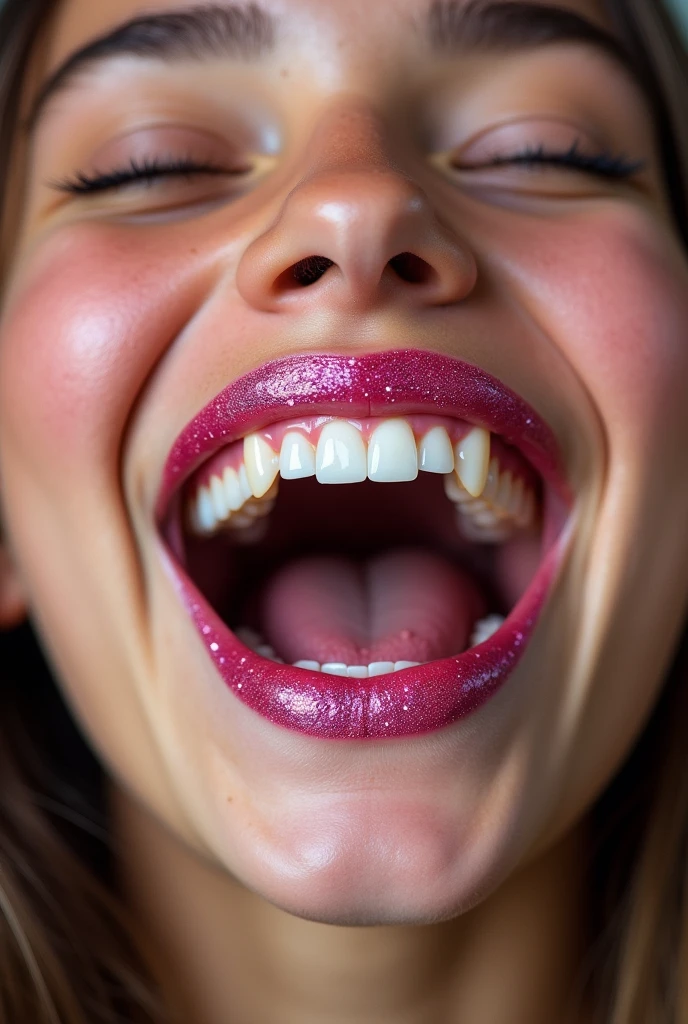 Extreme closeup of a female younger ’s mouth, wearing pink glitter lipstick, eyes closed, mouth very wide open and smiling, photorealistic, extreme skin detail, 8k, wallpaper