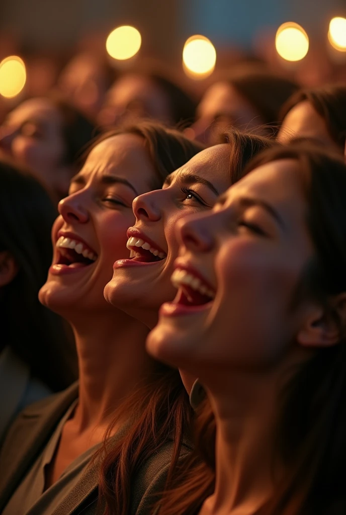 The image shows the close-up and expressive faces of a group of faithful, men and women, that they are in a moment of deep adoration and connection with God inside a church.

Each face reflects intense emotion and spiritual surrender. The eyes of the congregation are closed, evoking a sense of concentration and absorption in the mystical experience they are living.

The features of the faithful convey an expression of ecstasy and rapture, as if they were immersed in a state of grace and communion with the divine. Some people have furrowed brows, while others have their lips slightly parted, As if they were praying, sighing or chanting.

The intensity of devotion is manifested in the features of the faces, where tears of emotion can be observed, ecstatic smiles and an energy that seems to radiate from within.

There is a wide variety of ages and types of people represented, which suggests that the spiritual experience they share transcends individual differences. They all seem to be united in the same moment of surrender and glorification.

The lighting in the scene is warm and soft, probably coming from the lamps and candles lit inside the church. This light envelops and accentuates the expressiveness of the faces, giving them an almost heavenly quality.

The background of the image is slightly blurred, which allows the faces of the faithful to be the center of attention and convey all the fervor and passion they feel at that moment.
