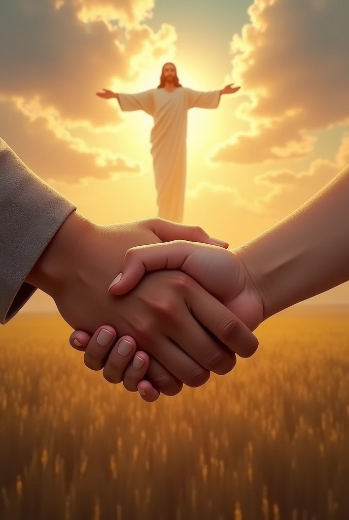 An image that represents unity and solidarity could be that of two intertwined hands., a bigger one helping a smaller one, symbolizing brotherly help. The background could include a warm and cozy landscape., like a soft light of dawn or an open field, representing hope and unity. A cross or an image of Jesus holding out his hands could be present in the background to reinforce the religious and spiritual theme. 