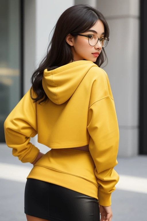 Masterpiece,8k, perfect face highly detailed, extremely detailed, amazing, fine detail, 1girl, solo, 20 year old college student, she has tan-bronze skin with some freckles, long black hair with orange highlights, amber colored eyes, (she's wearing a yellow hoodie, black pencil skirt, reading glasses), (back shot:1.3), shot taken from behind, looking from behind, ass view