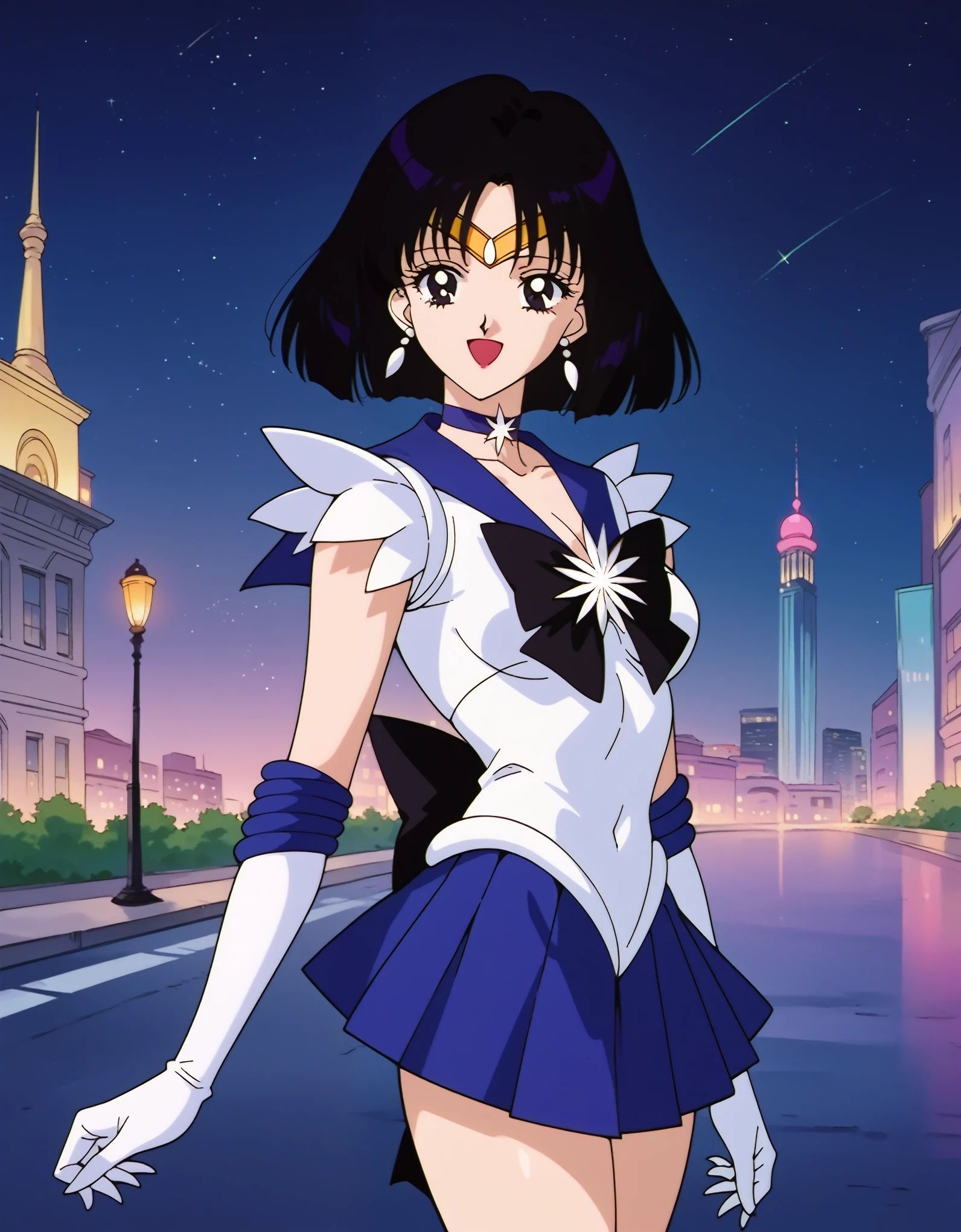 score_9, score_8_up, score_7_up, masterpiece, best quality, very aesthetic, absurdres, source_anime, 1990s \(style\), beautiful detailed eyes, 1girl, solo, hotaru tomoe, short hair, black hair, black eyes, small breasts, shiny, sailor saturn, sailor senshi uniform, purple sailor collar, tiara, jewelry, earrings, star choker, star brooch, star (symbol), bow, back bow, white elbow gloves, purple pleated skirt, smile, open mouth, sexy pose, cowboy shot, wind, outside, city, street, night, dark sky,