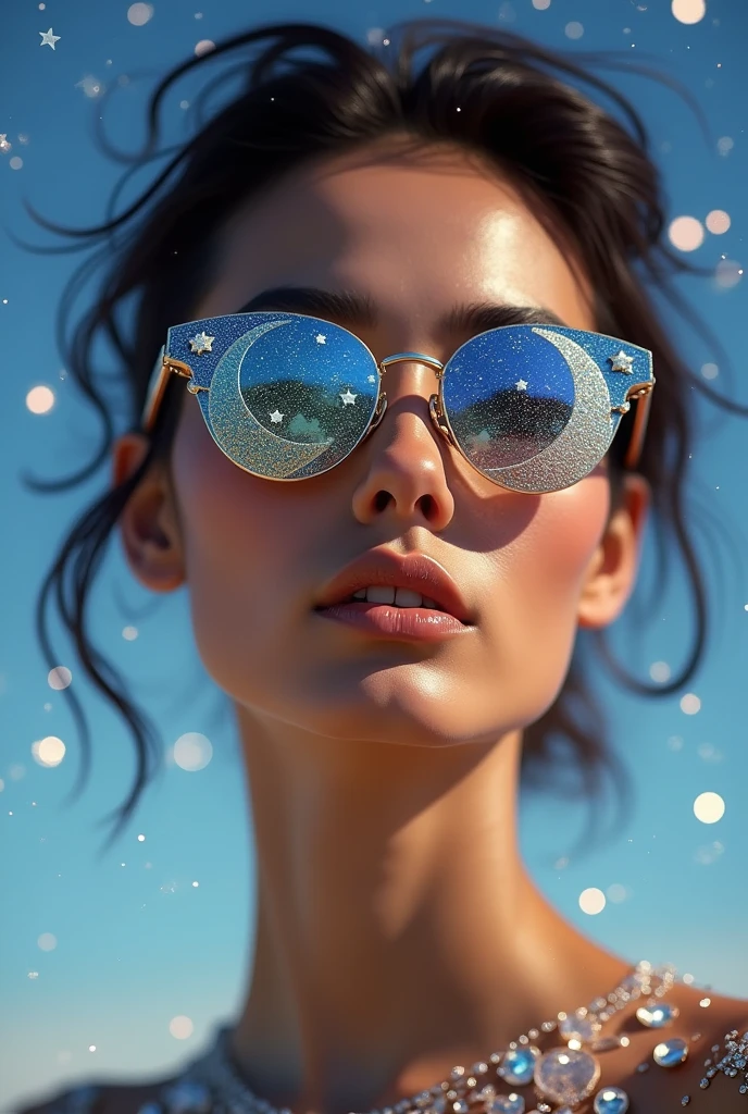 The model is wearing glass sunglasses with stars and the moon on the glass