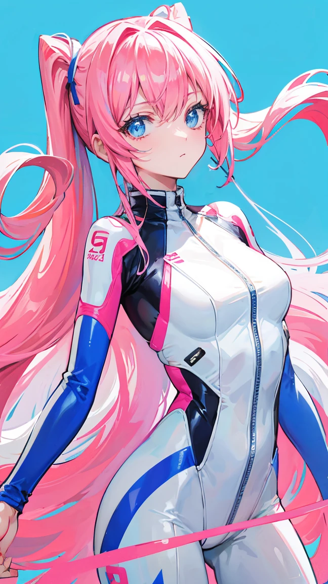 Solid color background,Long hair with double ponytails,Pink Hair,The tight white racing suit has light blue sleeves.,Blue Eyes,Stand upright,ID photo,2.5D style,Facing me