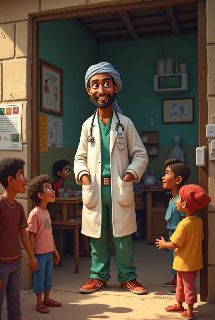 A successful doctor, Ramoo, running a free clinic in his village, with villagers coming in for medical help, showing gratitude and respect."


