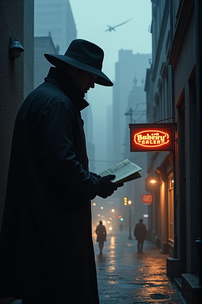 Create a thief planning to rob a bakery from afar in the morning
